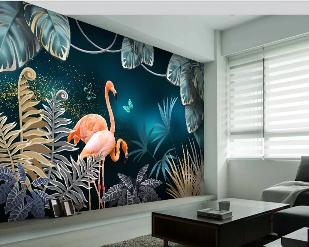 Настенные 3D обои с изображением местных растений Листьев парных фламинго для