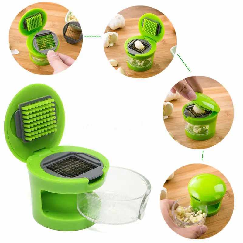 

Functional Ginger Garlic Press Very Sharp Stainless Steel Blades, Inbuilt Clear Plastic Tray, Green Garlic Grater Mini Portable