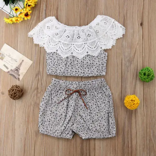 Pudcoco 2018 Newborn Toddler Baby Girl Clothes Set Lace Floral Ruffle Crop Tops+Shorts 2Pcs Summer Cute Outfit 0-24M | Мать и ребенок