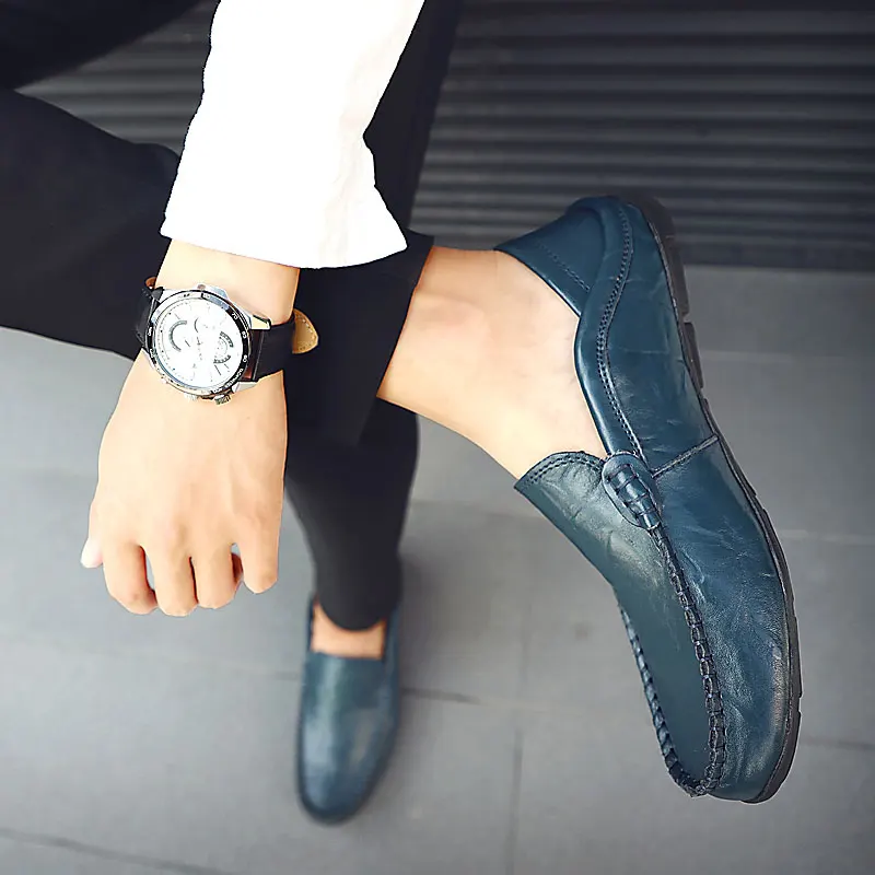 QASDUO winter Slip-on light casual shoes loafers men moccasins genuine leather men's flats black Plus sizes 46 | Обувь