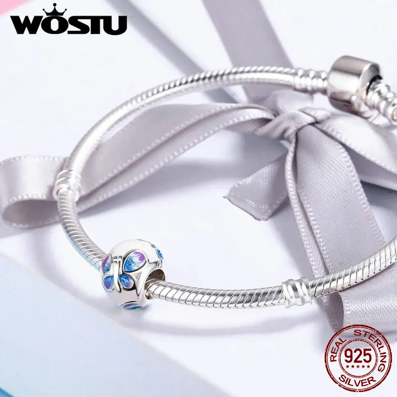 WOSTU Настоящее 925 пробы Серебряная бабочка Белая Эмаль Бусины Подходят WST браслеты с подвесками ювелирные изделия подарок CQC292