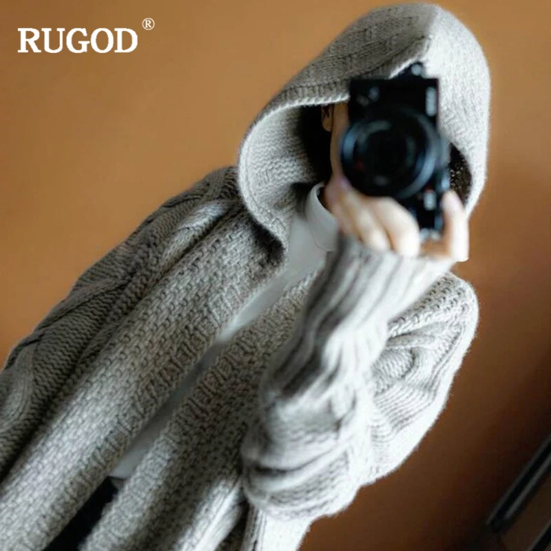 Женский длинный кардиган RUGOD повседневный однотонный вязаный свитер с капюшоном