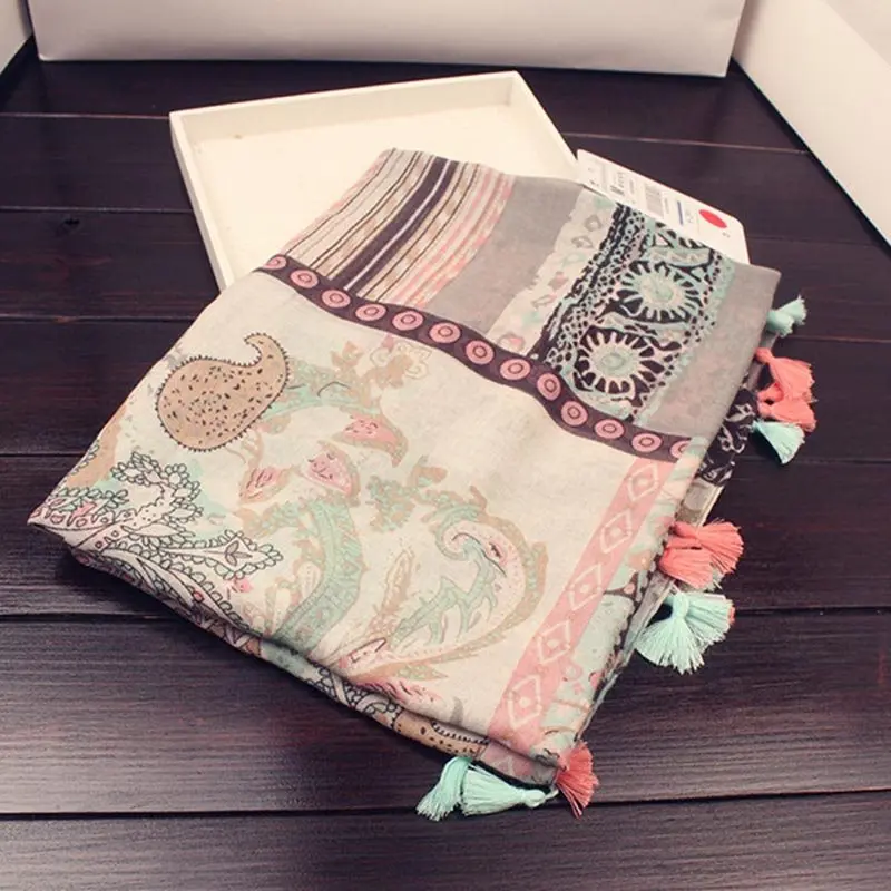 Boho кисточкой Шелковый Шарф Длинный солнцезащитный крем обертывания Для женщин