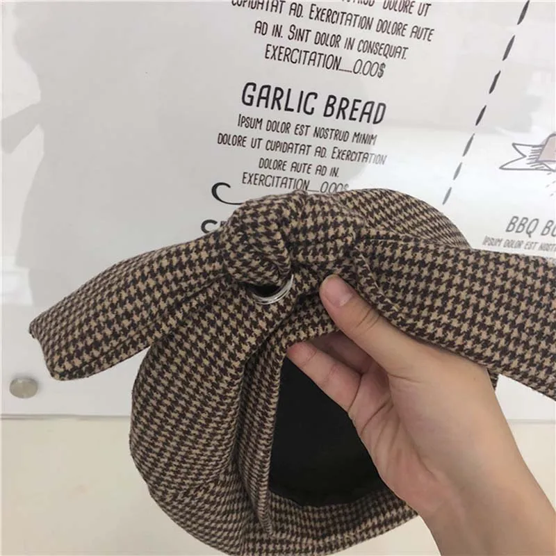 Женский шерстяной берет ashion houndstooth осенне зимняя шапка с галстуком бабочкой