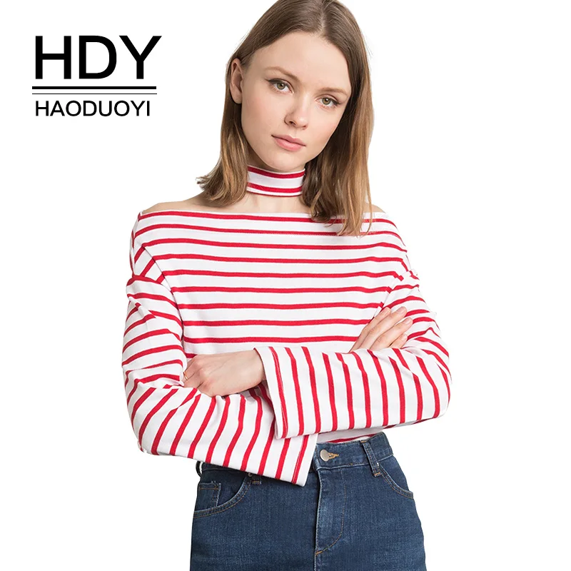 HDY Haoduoyi женские футболки с длинным рукавом красные и белые полосатые Свободные