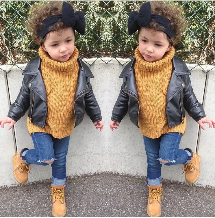 Brand baby girl jackets and outerwear sprng autumn new Pu leather jackets black fashion coats for children 2-7Y WS46