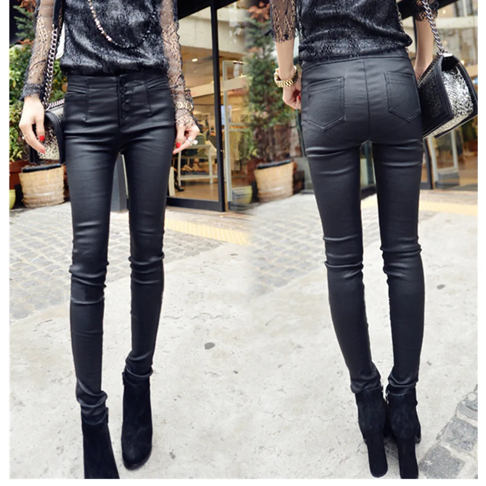 Winter Slim Leggings Women Autumn Black PU Leather Legging Pants Velvet Thick Warm Sexy Push Up Skinny | Женская одежда