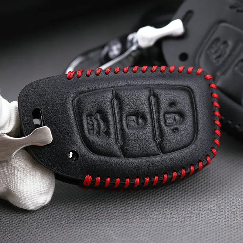 Real Leather Car Smart Key Shell Case Cover For Hyundai IX35 Hb20 I30 IX20 I10 Solaris 2017 Creta Getz Chain Holder | Автомобили и