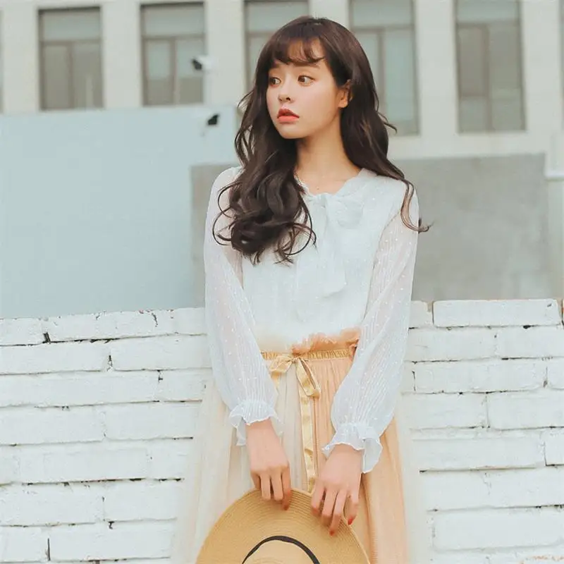 Женские рубашки одежда Kawaii Ulzzang винтажная длинная рубашка с галстуком бабочкой