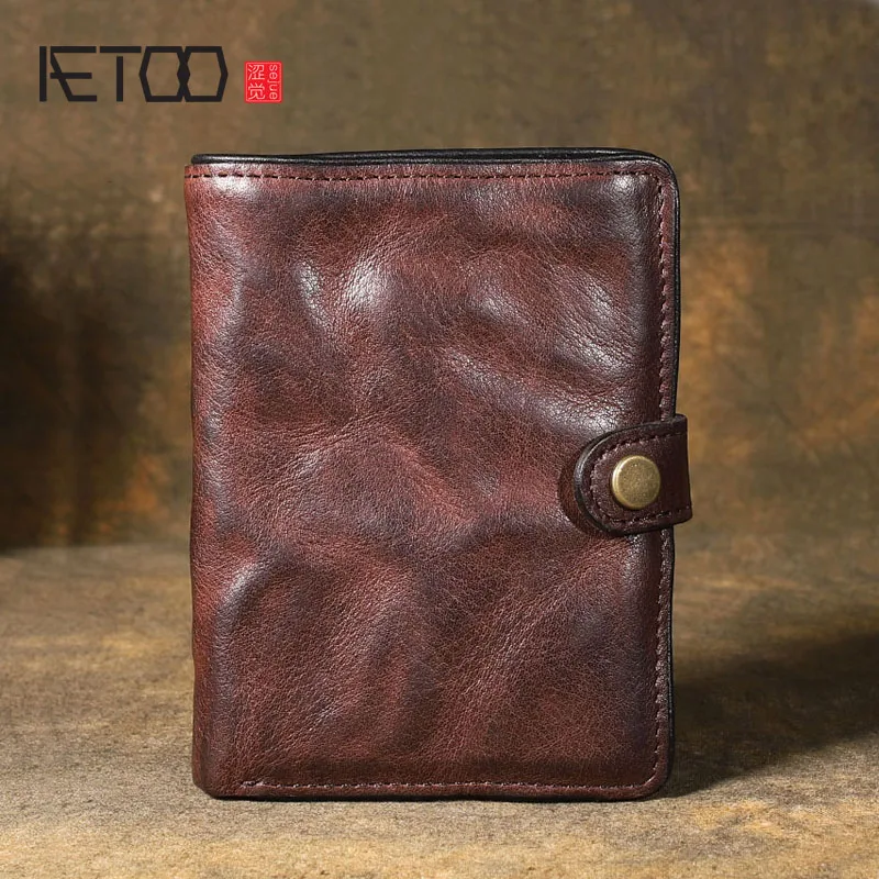 AETOO,, Ретро стиль, пряжка, верхний слой, кожа, короткий кошелек, вертикальные, плиссированные, кожаный, вертикальный кошелек, старый, винтажный