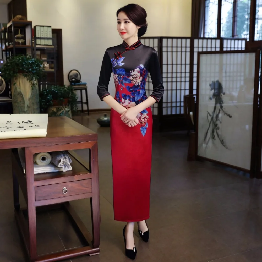 Fengmeisi Для женщин Cheongsam Длинные Qipao китайское традиционное платье Oriental печати