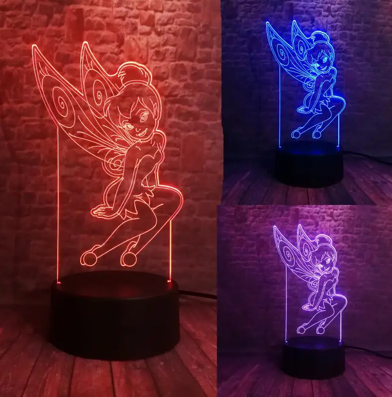 Switch One 3 Color Мультфильм 3D редкий Питер Пэн фея Динь Снежинка принцесса Динь-Динь 7 цветов Изменение фигурки RGB Ночной светильник ребенок Gif - Испускаемый цвет: Switch One 3 Color