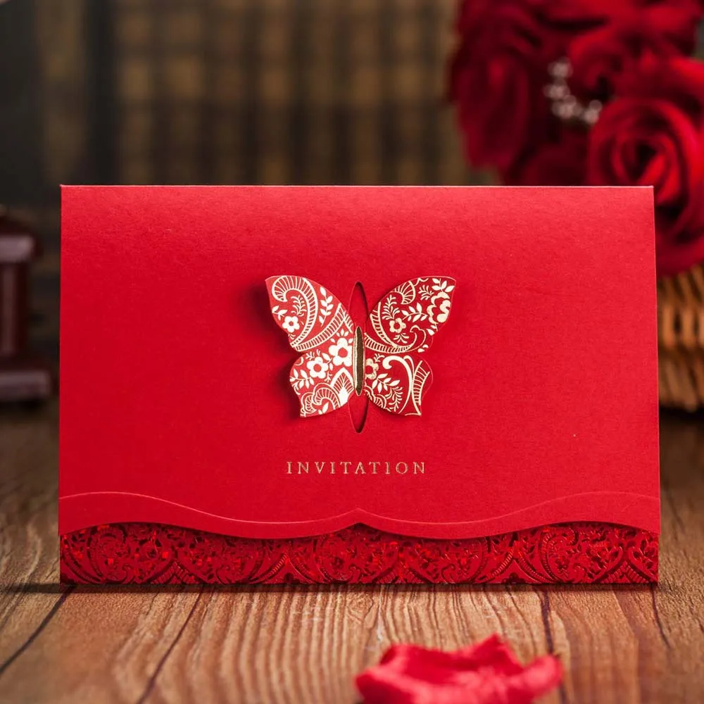 

100pcs Laser Cut Wedding Invitations with Butterfly Red Invite Cards for Engagement Graduation Bridal Shower Printable CW504