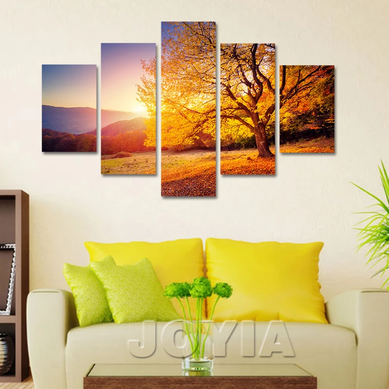 5 Pieces Yellow Tree Canvas Print Landscape Wall Painting Autumn Sunshine Art Pictures For Living Room Home Decors No Frame | Дом и сад