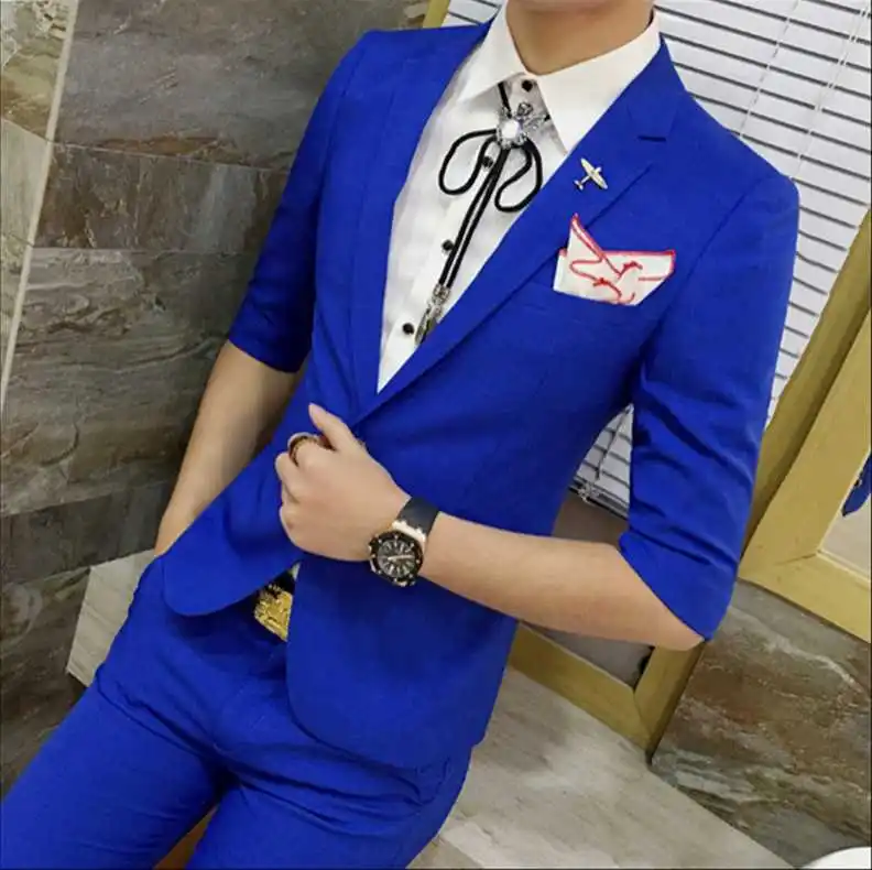 New Summer Hot Sale Brand 2017 men's fashion high quality solid suits male casual slim korea style easy care fit blazers &amp pants |