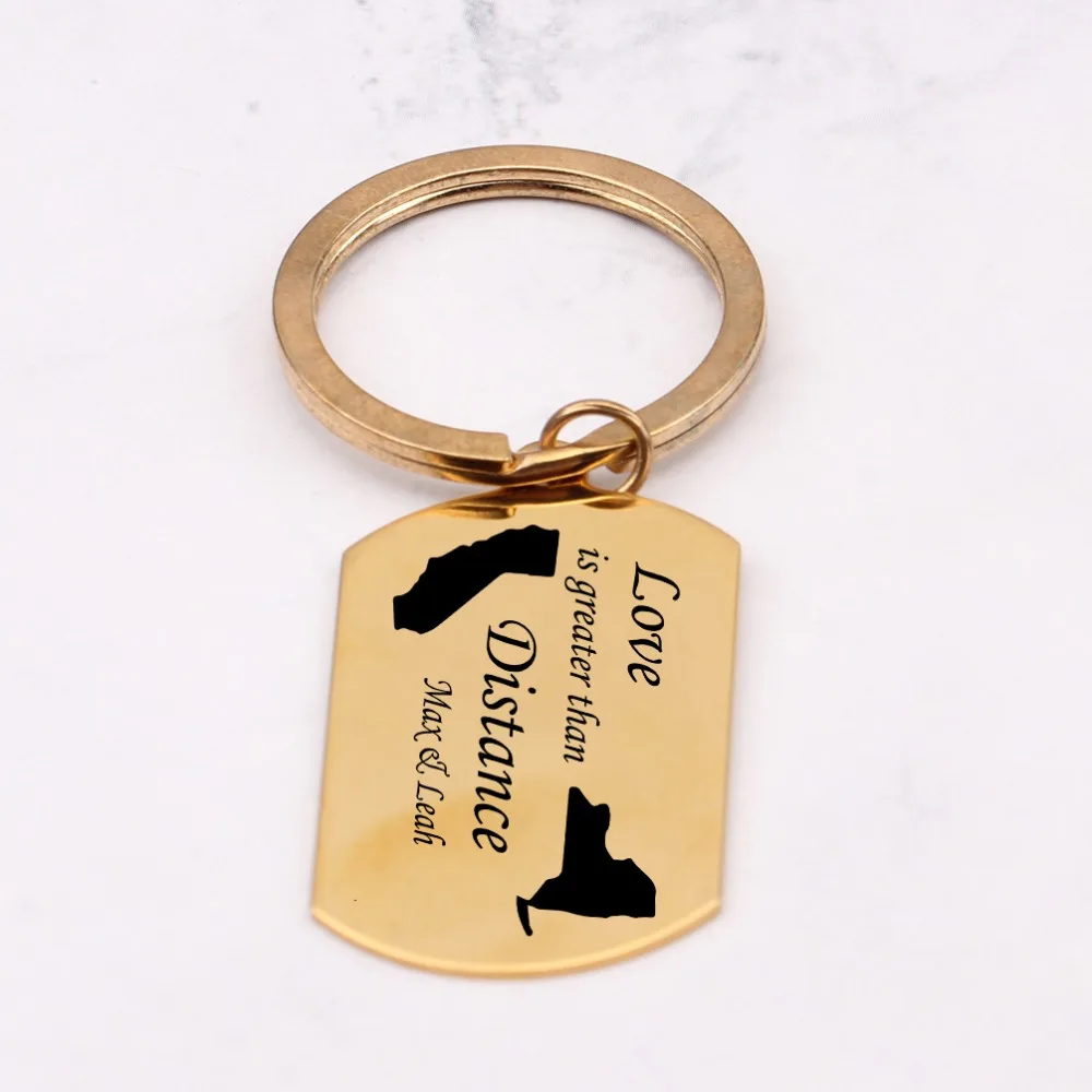 Name Customized Engraved Love Is Greater Than Distance Map Key Chains Long Keyring High Quality Keys Holder Keytag | Украшения и