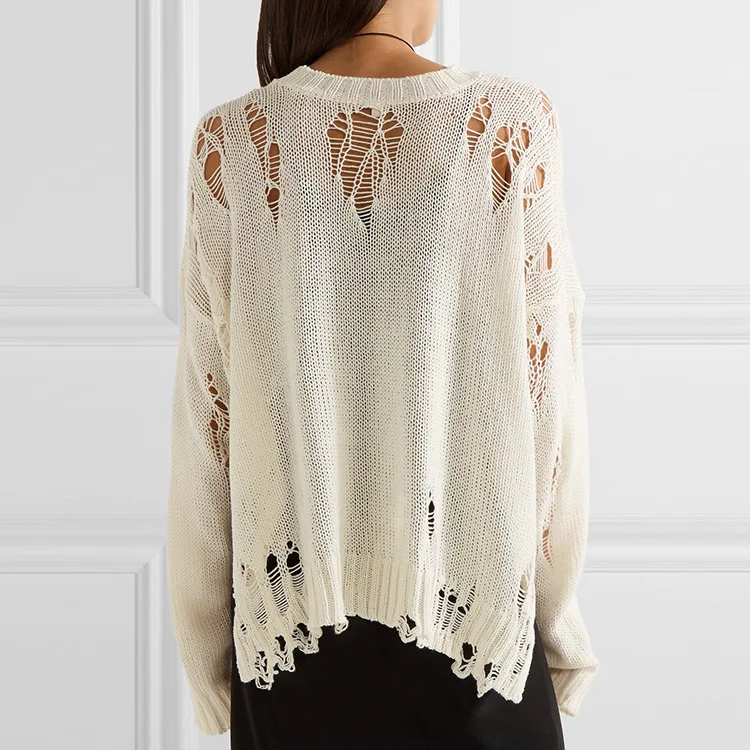 Fetoo Thin Fashion Ripped Hole Knitted Pullover Women Sweater Loose Casual High-low Hem Long Sleeve Knitting Sweaters Female | Женская