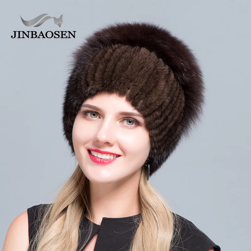COLOR7 JINBAOSEN, женская зимняя шапка из меха норки, натуральный мех серебристой лисы, Теплая Лыжная шапка из натурального меха, вязаная меховая шапка, брендовая, модная, русский стиль - Цвет: COLOR7