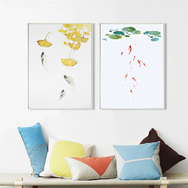 Фотообои скандинавская картина на холсте с акварельными рыбками