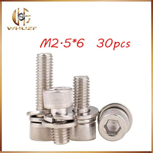

30pcs M2.5*6mm 304 Stainless Steel Inner Hex Bolt Hexagon Socket Washer Sems Assembly Screwcombination m2.5 bolts,m2.5 nail