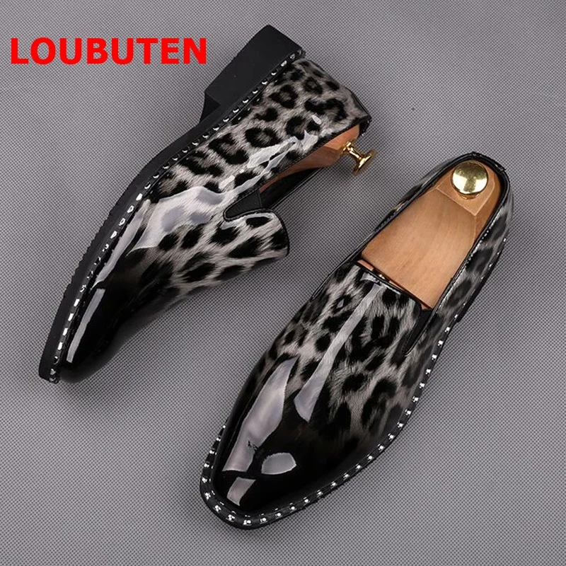 Лабутены Мокасины Сияющий Лакированная кожа Leopard Для мужчин Лоферы модная повседневная обувь без застежки дышащие Для мужчин партии и туфли для выпускного вечера
