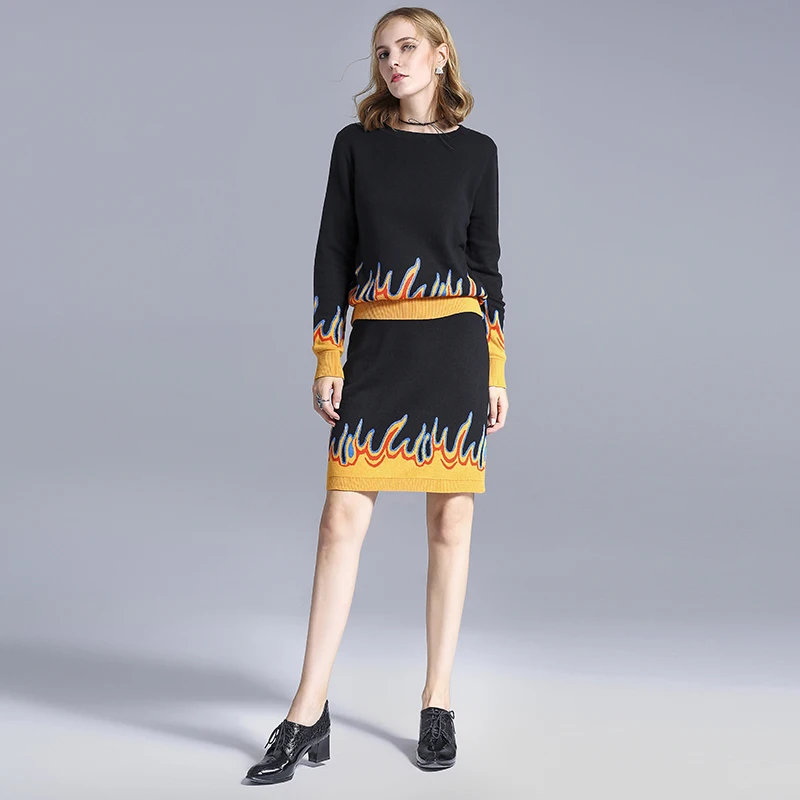 2017 New Knit Long-sleeve wool Sweater Skirt Suits Winter Warm Crochet Crop Top Print Pencil Sheath Women's 2pcs Sets | Женская