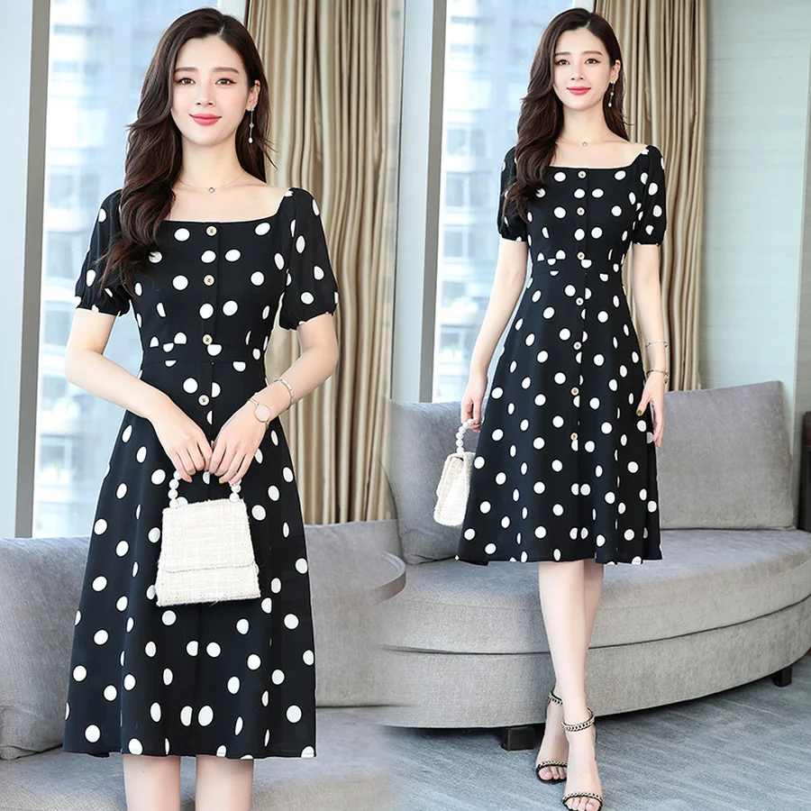 Винтажные элегантные черные шифоновые платья в горошек Boho Midi летние 3XL Большие размеры однотонные пляжные сарафаны женские облегающие вечерние платья
