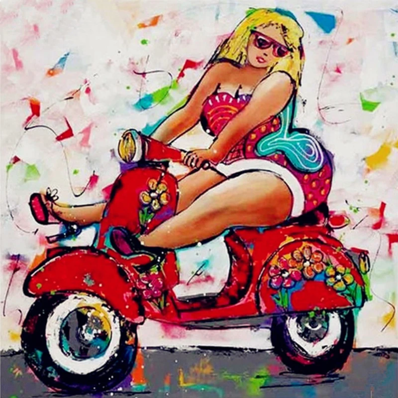 

5D DIY Full Round Drill Diamond Painting Beautiful Women Riding Motorcycles Cross Stitch Wall Stickers Diamond Embroidery