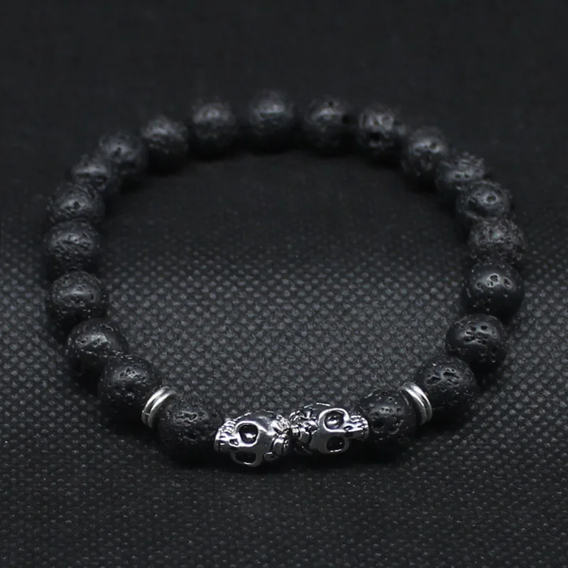 Silver Skull Lava 2 Античный Золотой Будда Браслет из головы черепа черный Лава камень скелет бисерные браслеты для мужчин женщин Pulseras Hombre N4-7 - Окраска металла: Silver Skull Lava 2