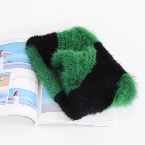 green and black Женский зимний шарф из натурального меха норки, хороший эластичный вязаный шарф из натурального меха норки, толстая теплая Женская повязка шарф из натурального меха - Цвет: green and black