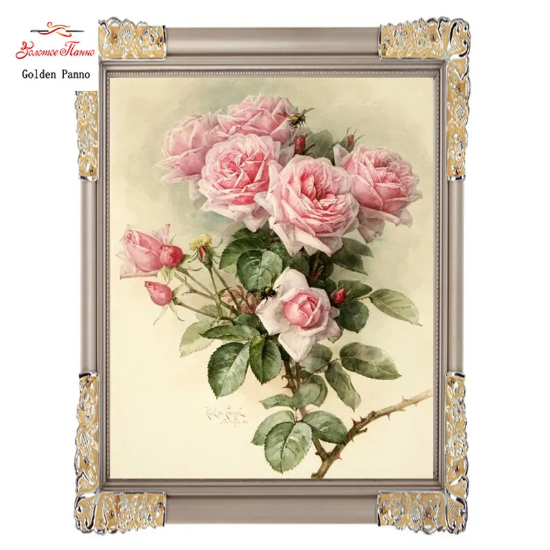 

Golden Panno,Needlework,Embroidery,DIY DMC floral Painting cross stitch,Kits,14ct Pink Rose cross-Stitching,wall dec