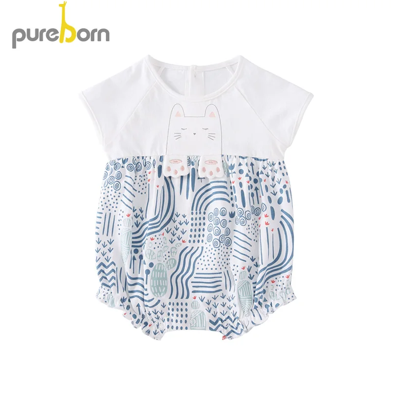 blue Pureborn Baby/боди с короткими рукавами; одежда для малышей с круглым вырезом; одежда для маленьких мальчиков и девочек; комбинезон для младенцев; комбинезоны; Одежда для новорожденных - Цвет: blue
