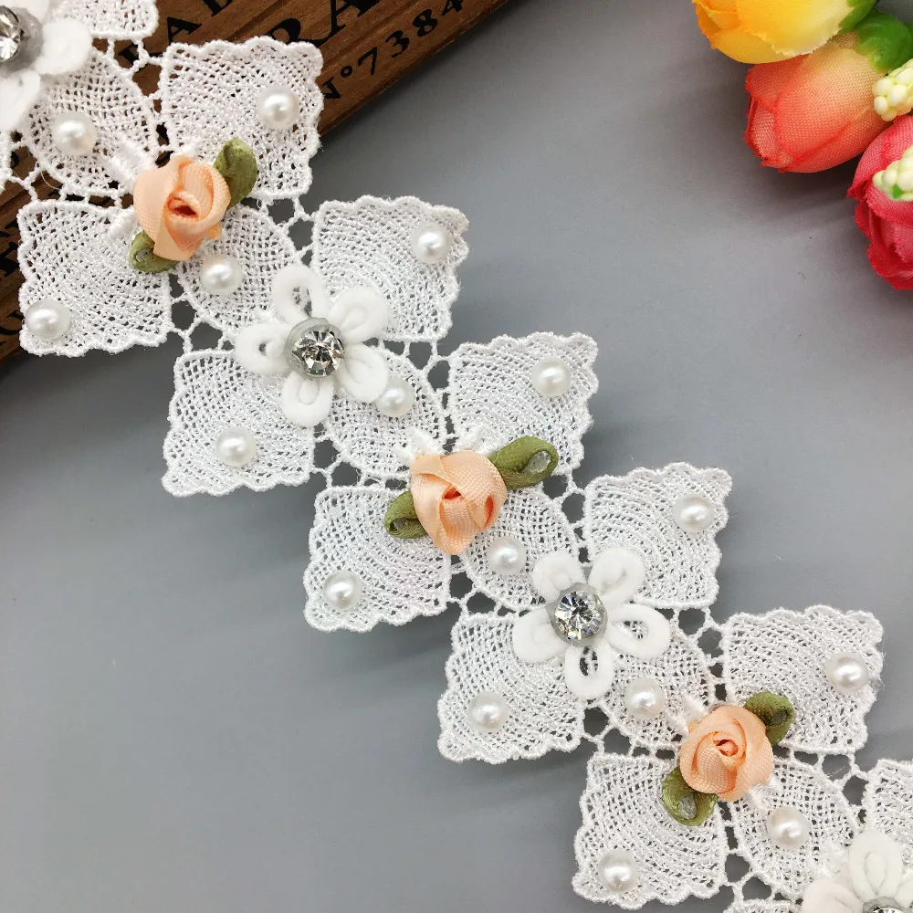 2 ярда цветы розы жемчужная кружевная отделка стразы кристалл Свадебная лента