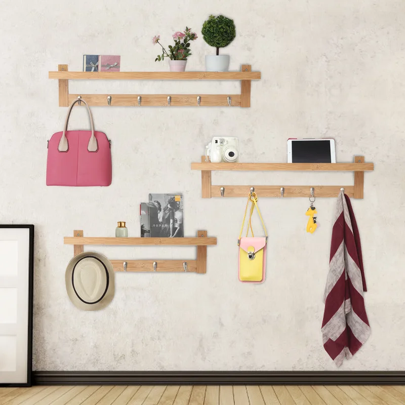 Бамбуковый модный простой стеллаж для хранения с крючком настенная полка