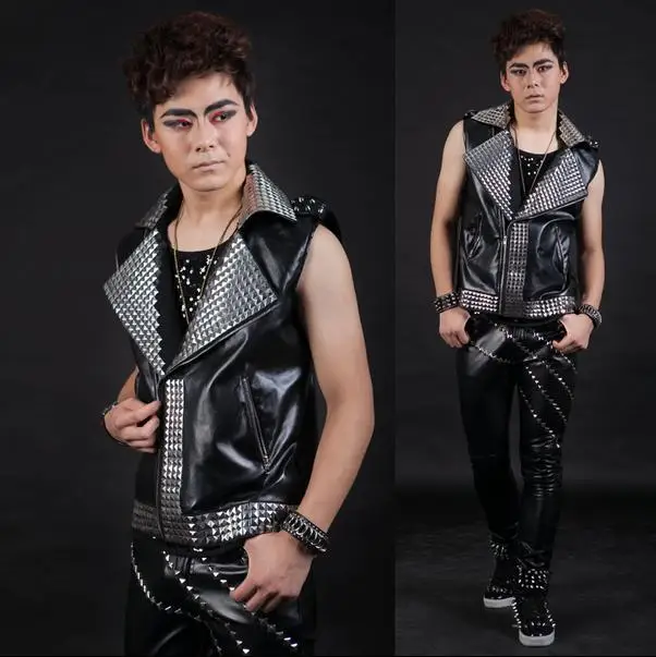 Черная певица сценическая рок мотоциклетная мужская жилетка с заклепками без