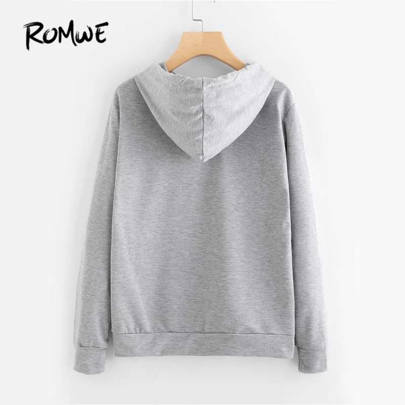 ROMWE Slogan Print серый толстовки письмо печати Для женщин Графический краткое худи карман Толстовка новые осенние толстовки с длинными рукавами