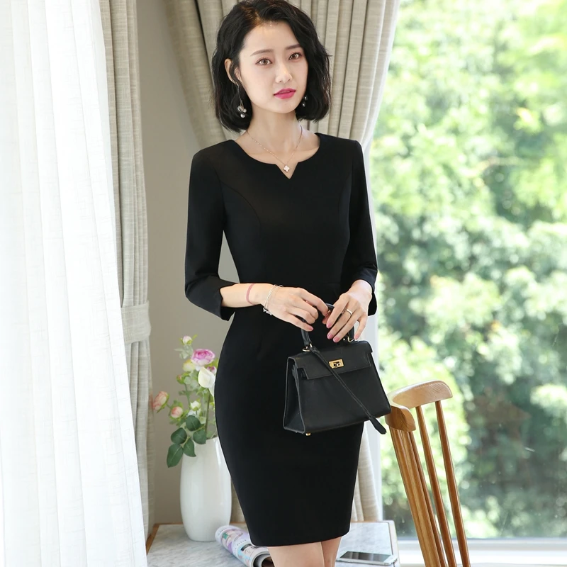 Fmasuth Office Wear Elegant Blue Dress Women 3/4 Sleeve Above Knee 4XL Big Size Business Clothing 88-505 | Женская одежда