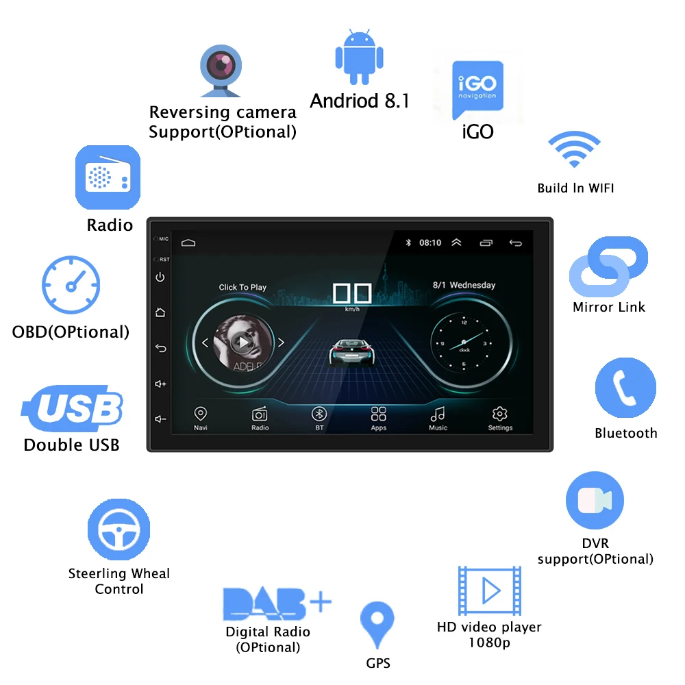 2 Din автомагнитола Android 8,0 универсальный GPS навигация Bluetooth Сенсорный экран Wifi автомобильный аудио стерео FM USB автомобильный мультимедийный MP5