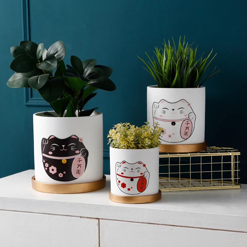 Керамический цветочный горшок Maneki Neko Lucky Cat с золотым подносом зеленые растения