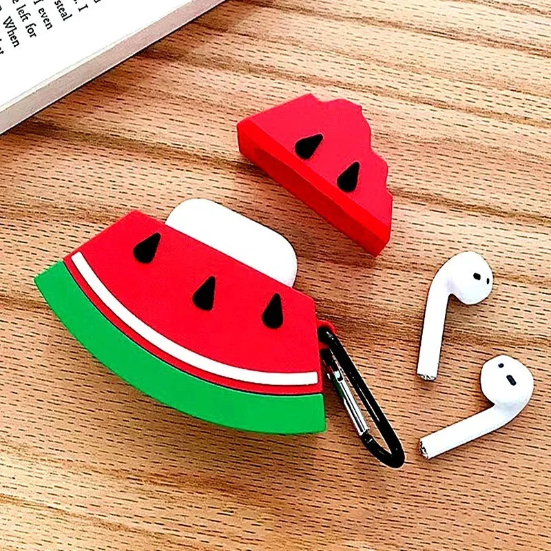 Мультяшный чехол для беспроводных Bluetooth наушников Airpods силиконовый с арбузом