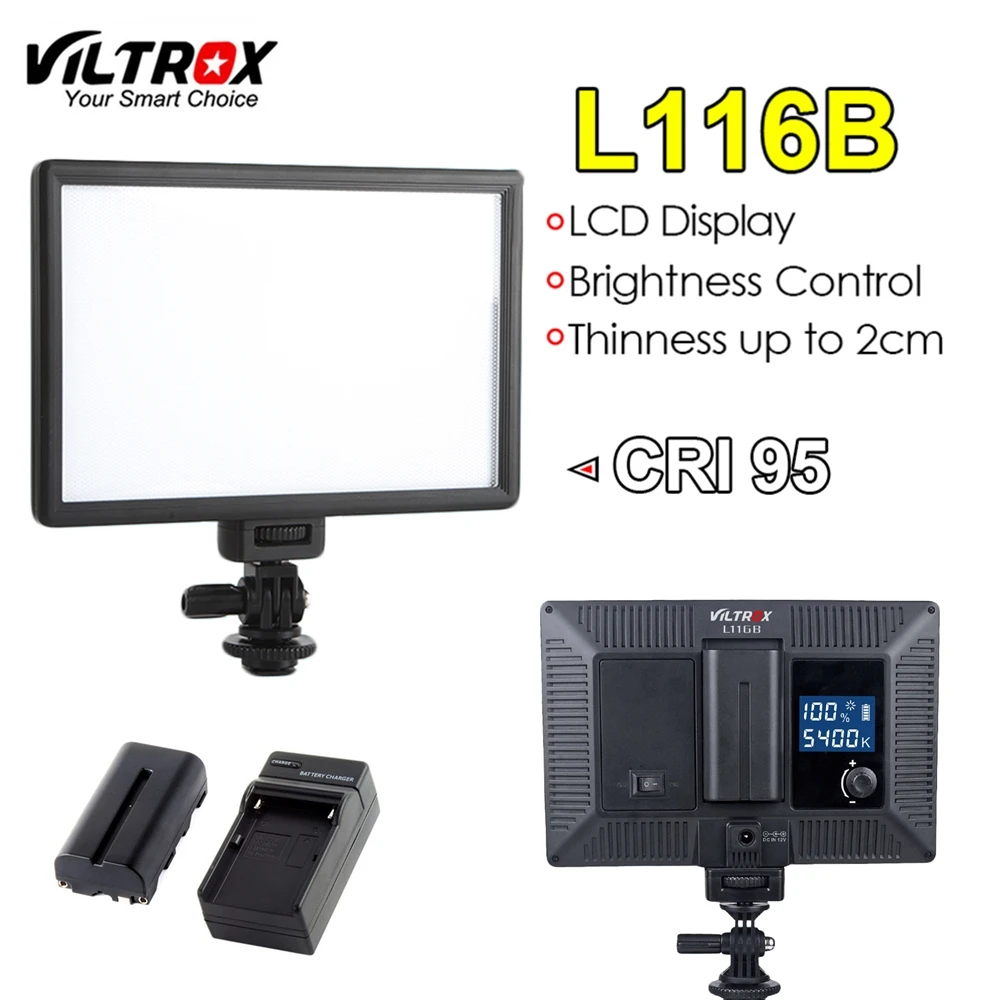 Viltrox L116B Камера светодиодный видео светильник тонкий ЖК-дисплей Дисплей с регулируемым светом для студийных лампа Панель Батарея& Зарядное устройство для Камера DV видеокамеры DSLR