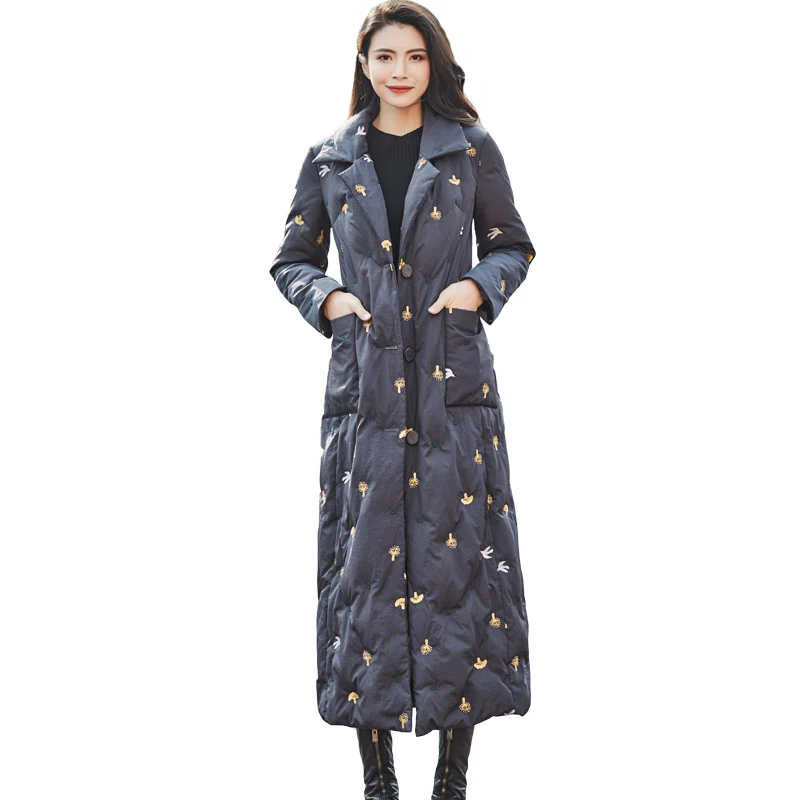 

Vintage Elegant Embroidery Down Jacket Female New High Quality Thicken Warm White Duck Down Coat Women X-Long Slim Parka Femme