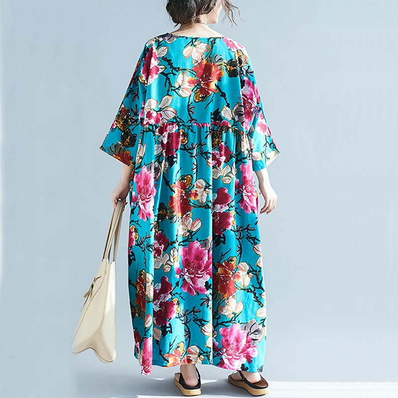 Elegdream Brand Oversized Maxi Long Dress Plus Size Women Flower Print Casual Cotton Linen Bohemian Dresses Female Tunic Vestido | Женская
