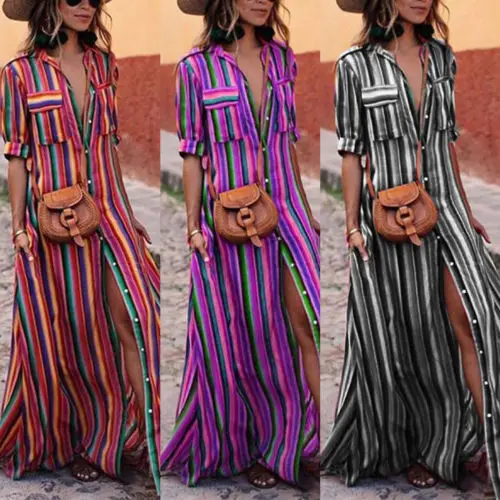 UK 2018 Новое модное женское платье Макси Boho в полоску Летнее Длинное Вечернее