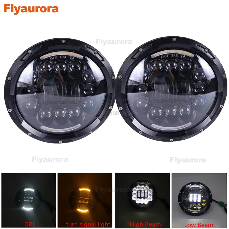 Flyaurora 7inch LED Headlight DRL Angle Eye Hi Low Turn Signal Driving Light Led Headlamp 12V for Jeep Wrangler Lada Niva | Автомобили и