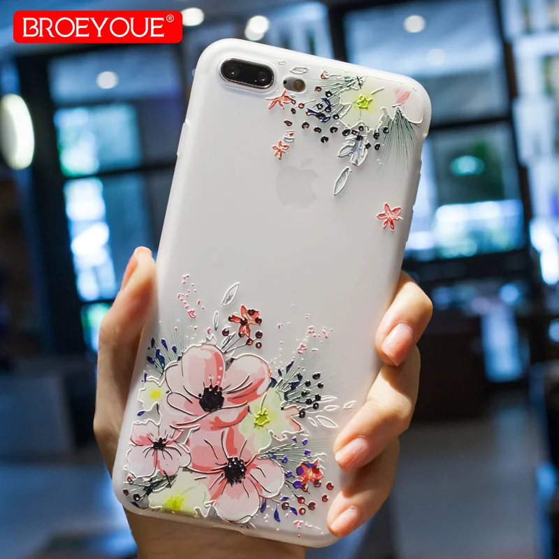 BROEYOUE Case For iPhone 7 8 6 6S Plus 5 5S SE X 3D Relief Soft Silicone TPU Flowers Cases Fundas Cell Phone |