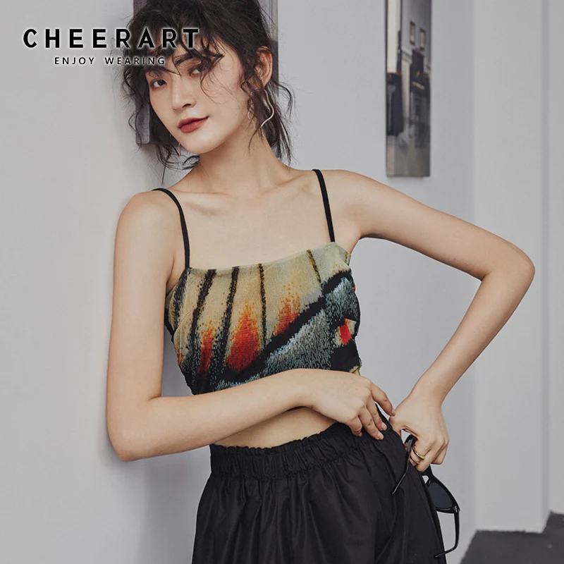 Cheerart Кружевной укороченный Топ для женщин, летний облегающий топ с принтом бабочки, Женский дизайнерский короткий топ, одежда