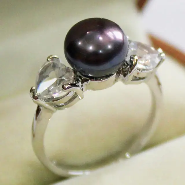 

new! lady's silver plated ring with crystal decorated & 9-10mm black shell pearl ring(#7 8 9 )
