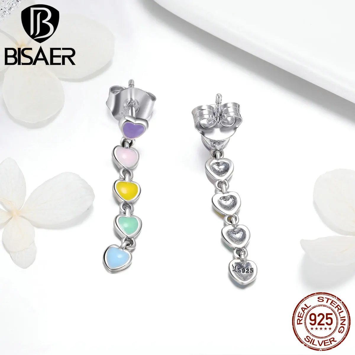 BISAER, 925 пробы, серебряные ювелирные изделия, набор, Радужный цвет, эмаль, Радужное сердце, кольца для женщин, свадебные ювелирные наборы, серебряные ювелирные изделия, набор