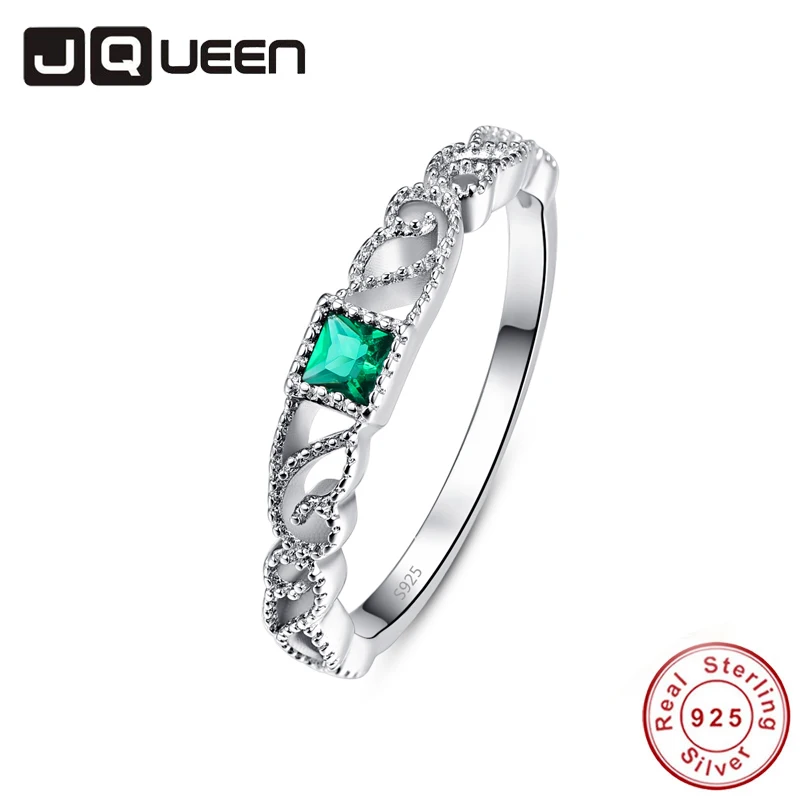 JQUEEN полое резное квадратное кольцо с зеленым камнем S925 подарок для женщин